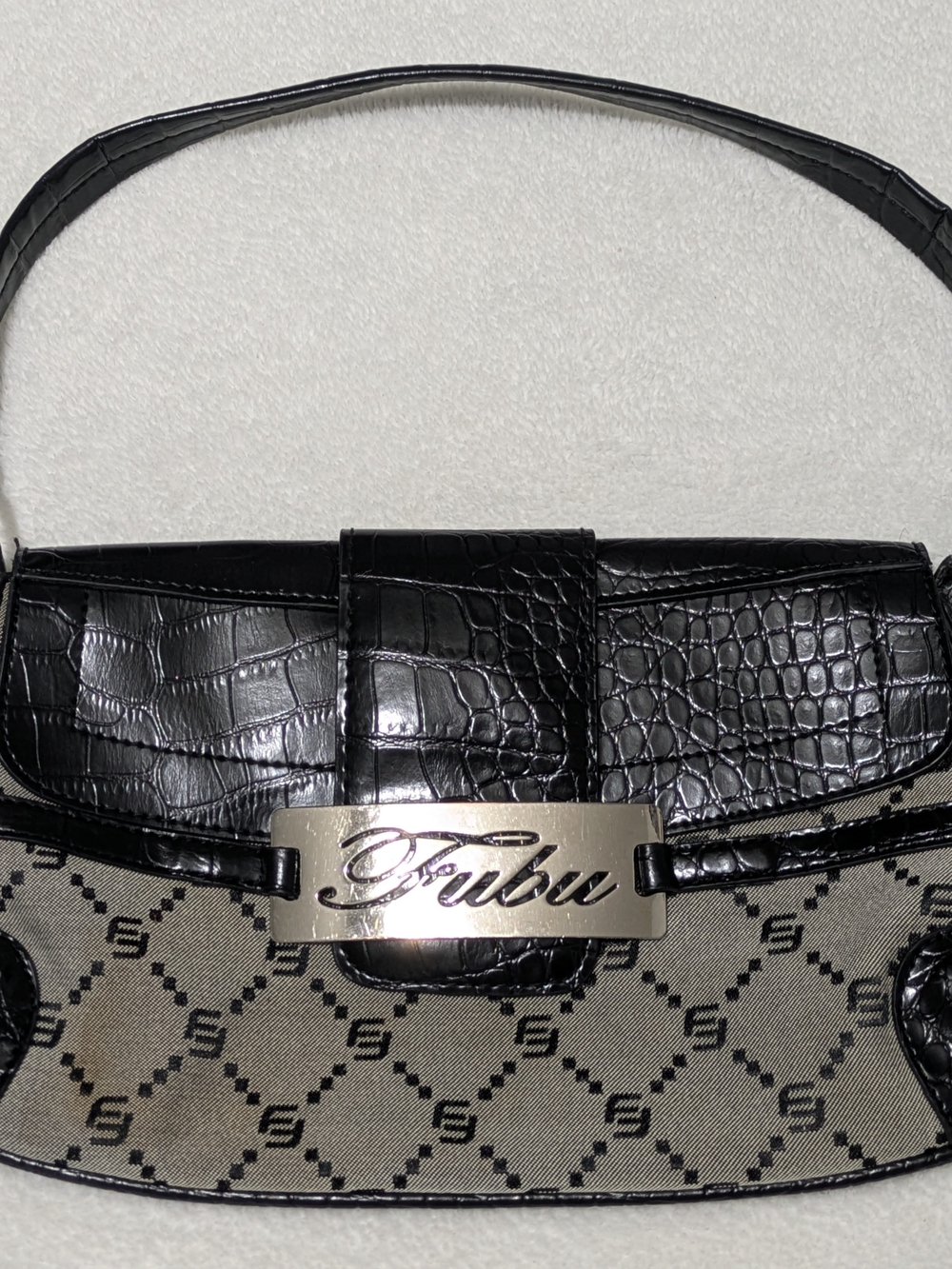Vintage Y2K FUBU The Collection Monogram Baguette Shoulder Bag - Black Croc Trim